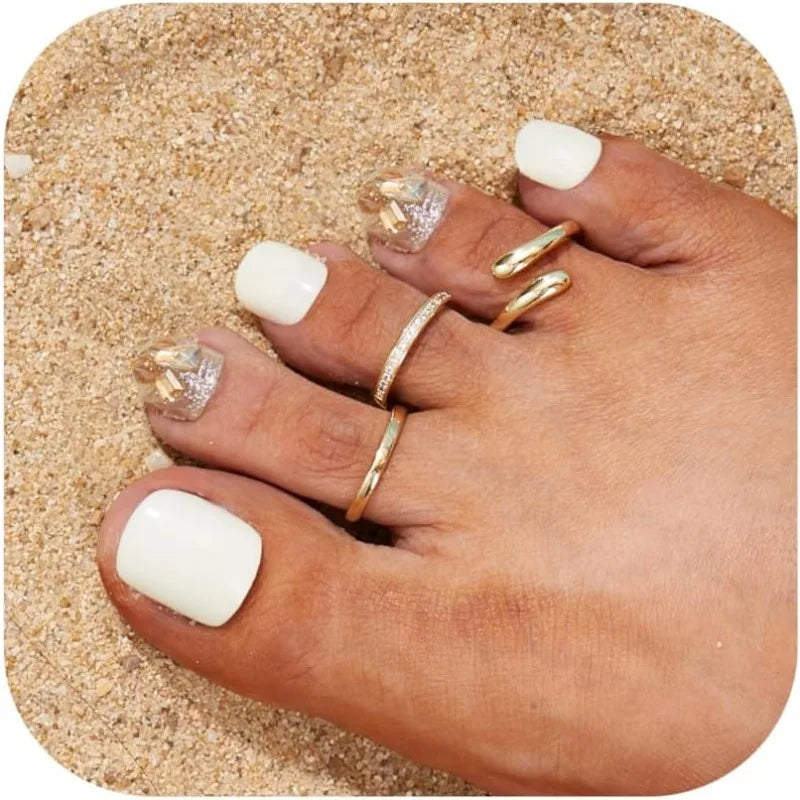 CZ toe ring trio worn on a foot