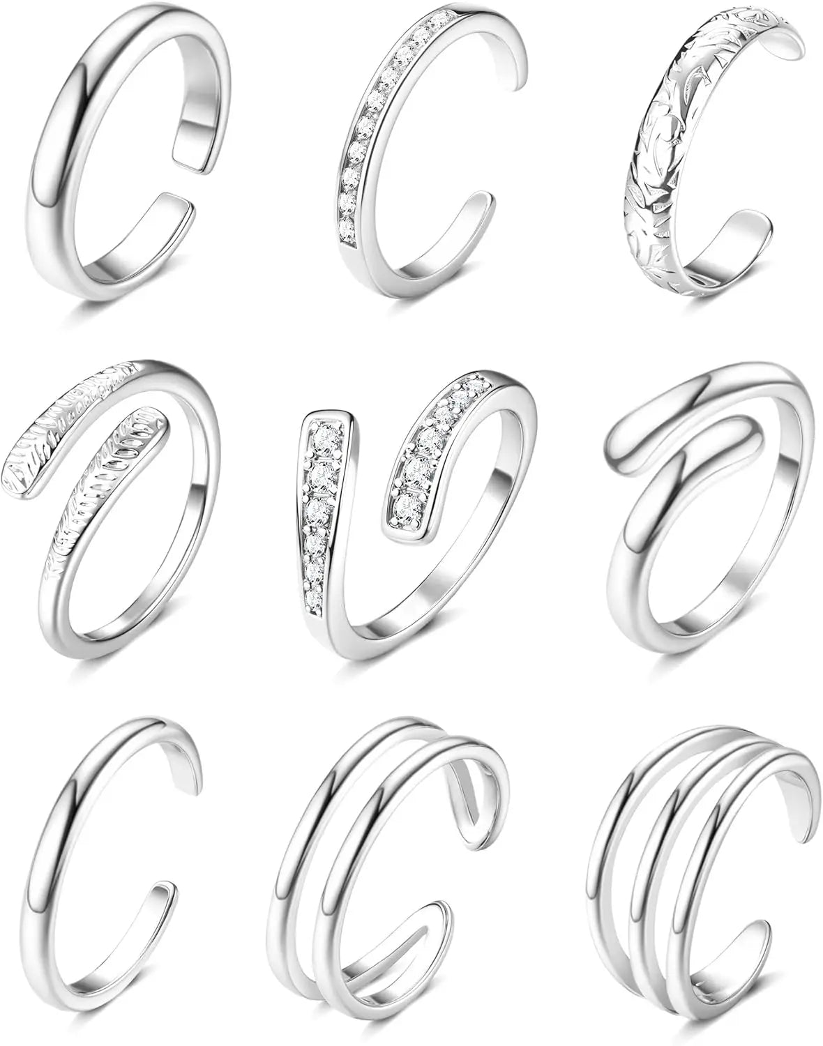 Nine-piece stacking toe ring set in silver-tone