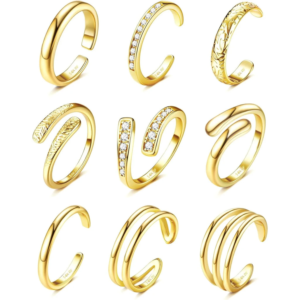 Nine-piece stacking toe ring set in gold-tone