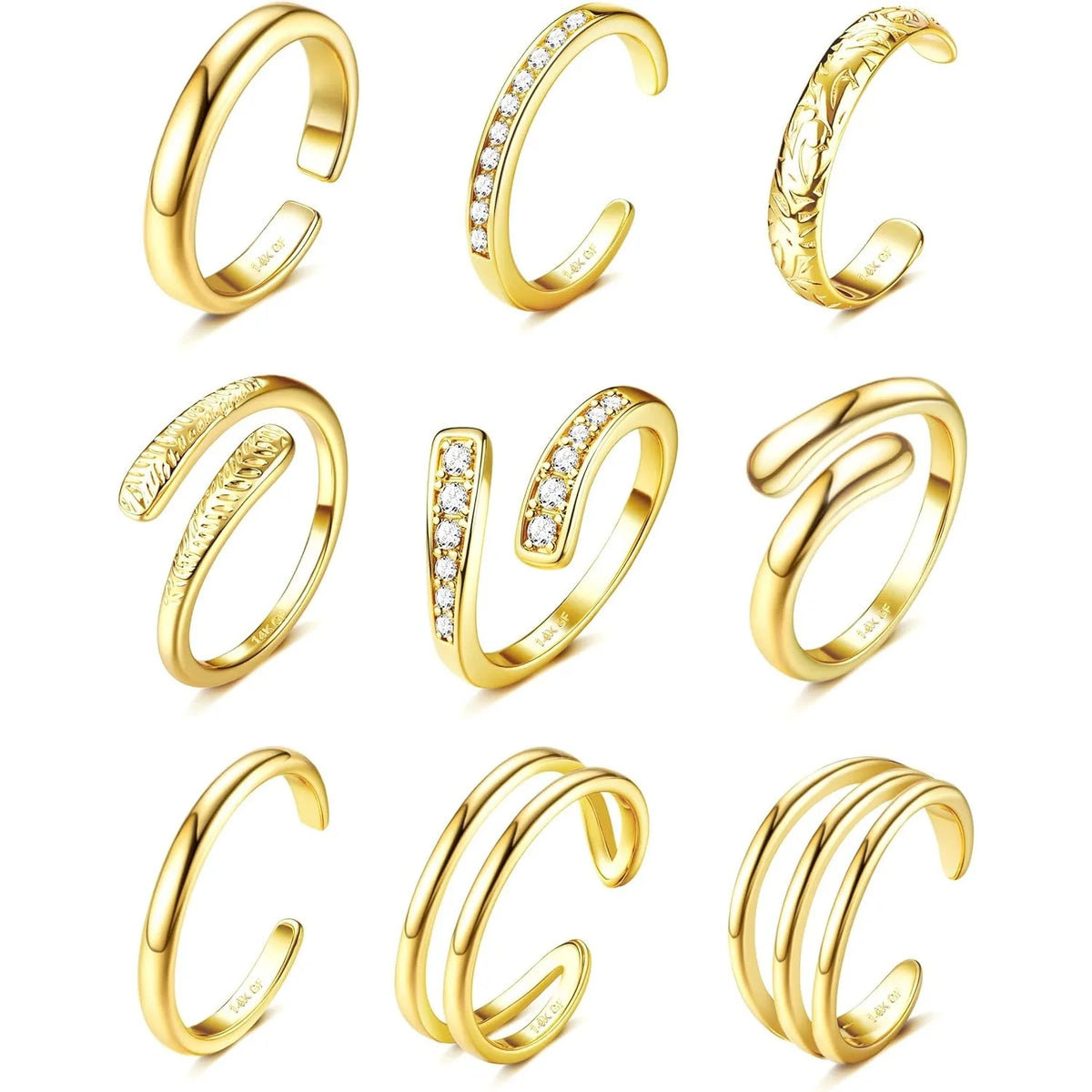 Nine-piece stacking toe ring set in gold-tone
