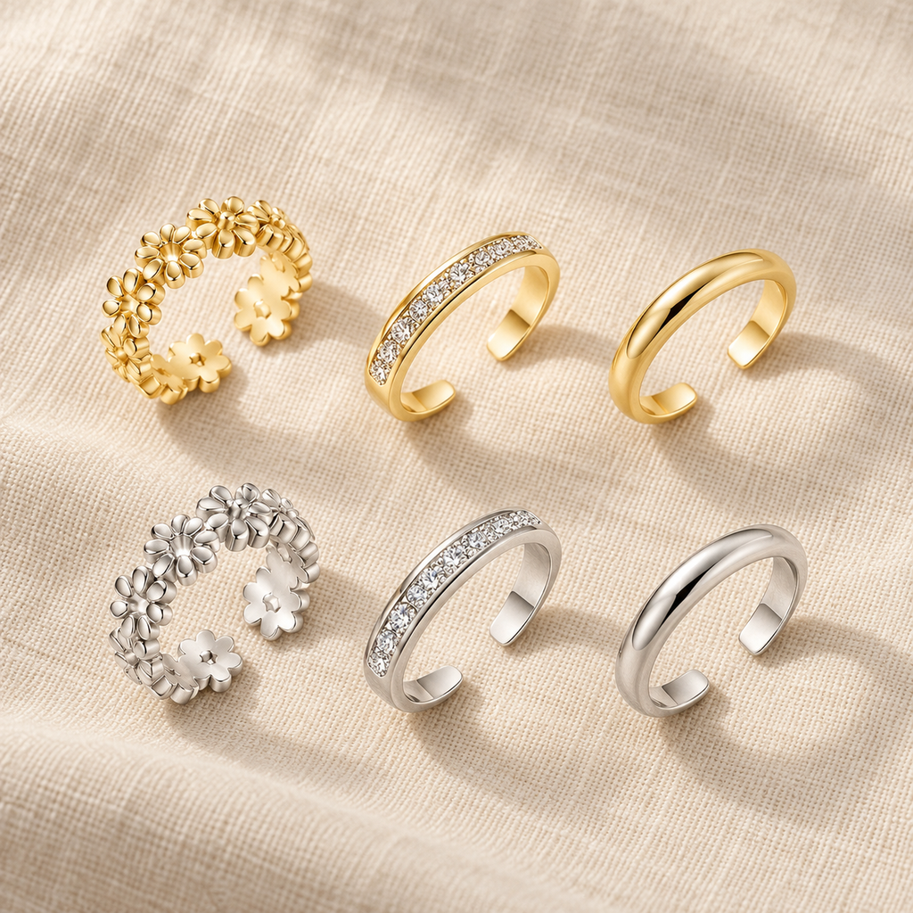 Three-piece toe ring set in gold and silver finishes laid out on linen