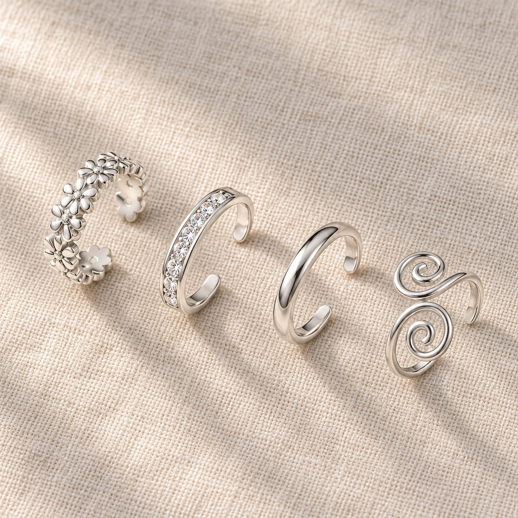 Four sterling silver toe ring styles laid out on linen