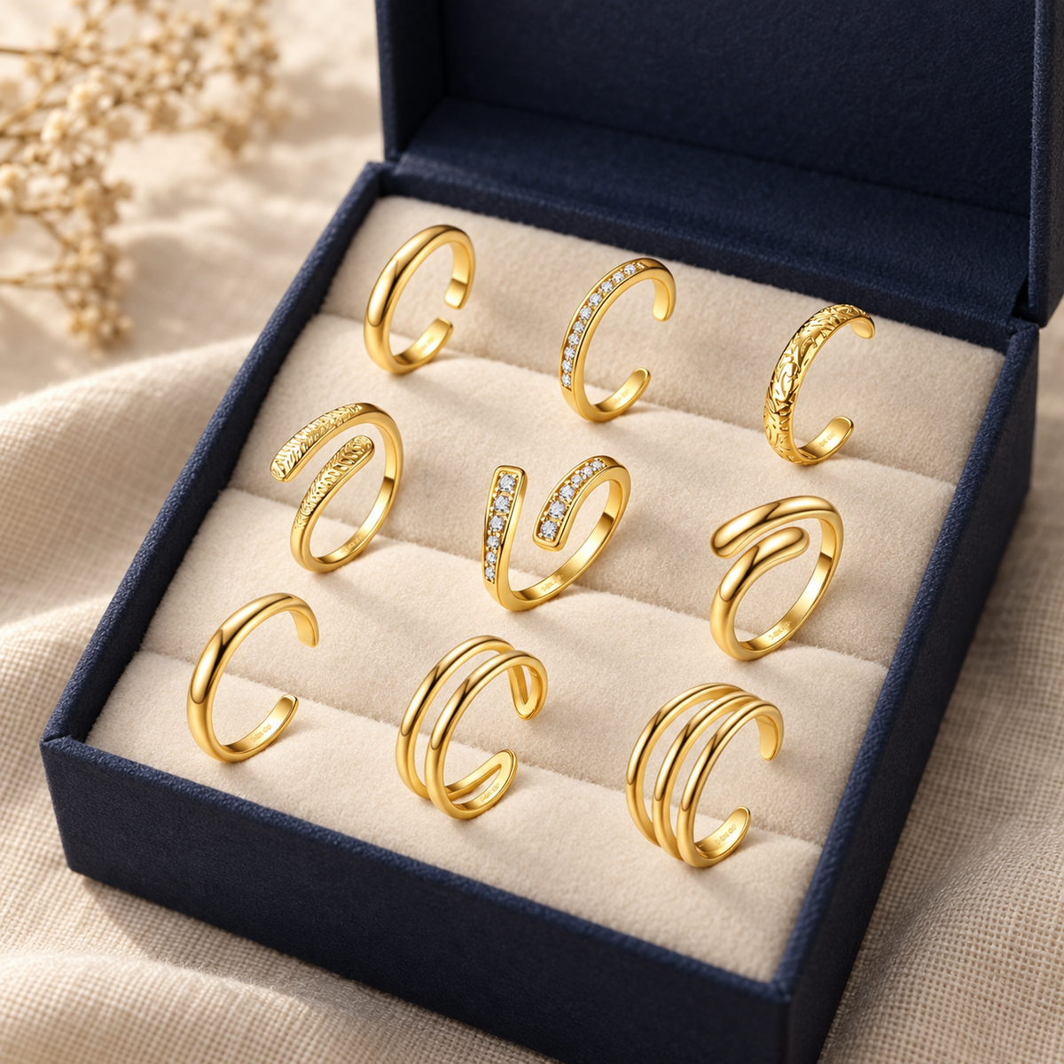 Nine stacking toe rings in an open navy jewellery box