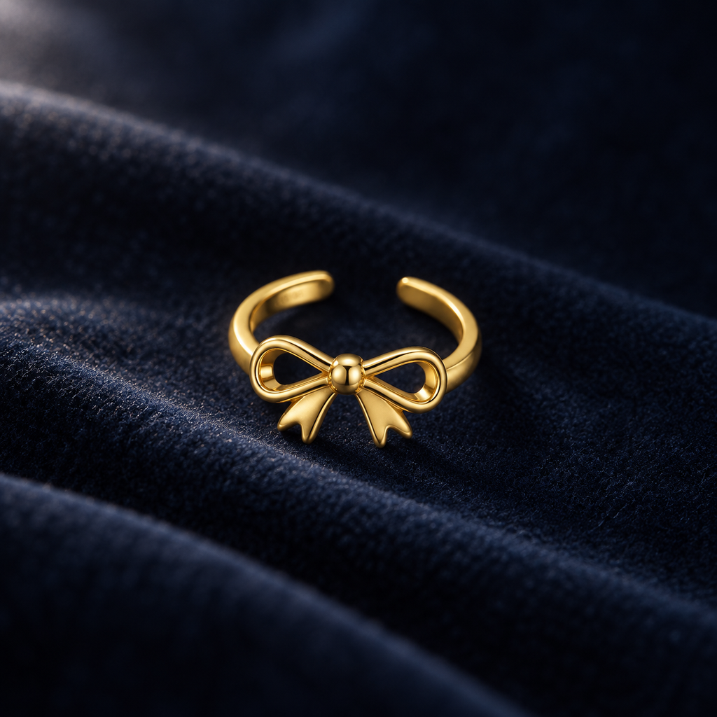 Gold-tone bow toe ring on deep navy velvet
