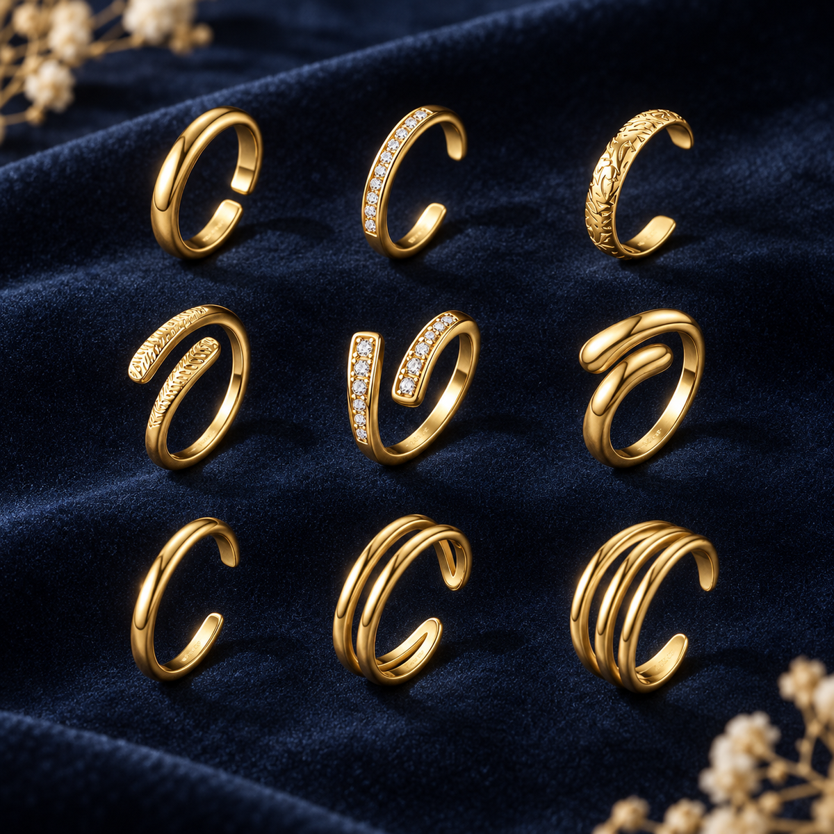 Nine stacking toe rings laid out on deep navy velvet