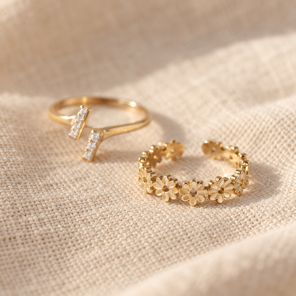 Macro detail of the daisy-chain and crystal bypass toe rings