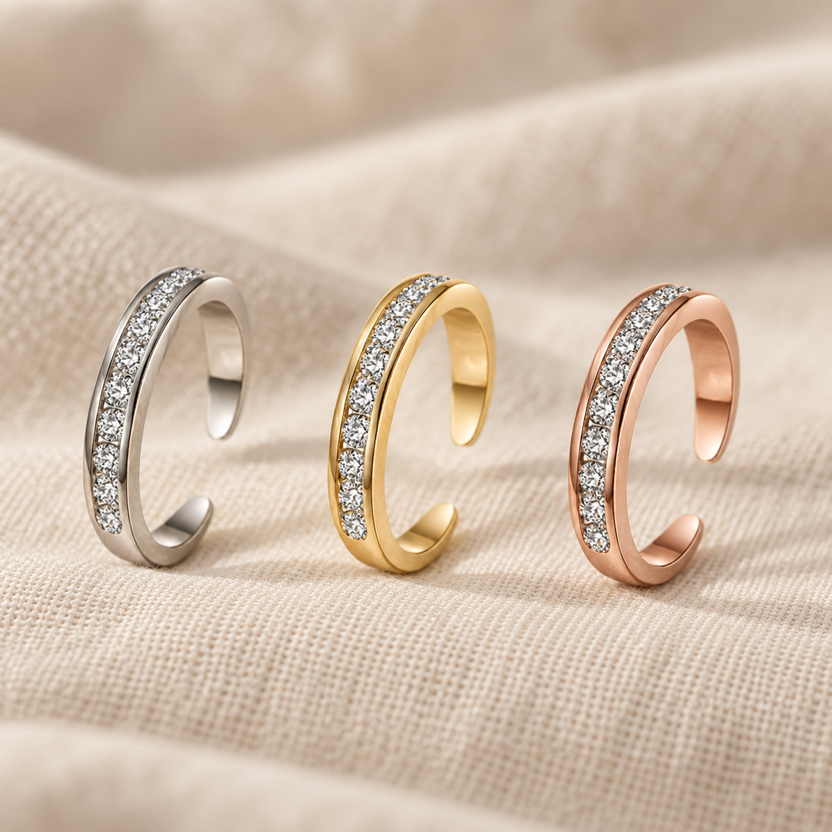 Macro detail of the open band and plated finish of an adjustable toe ring