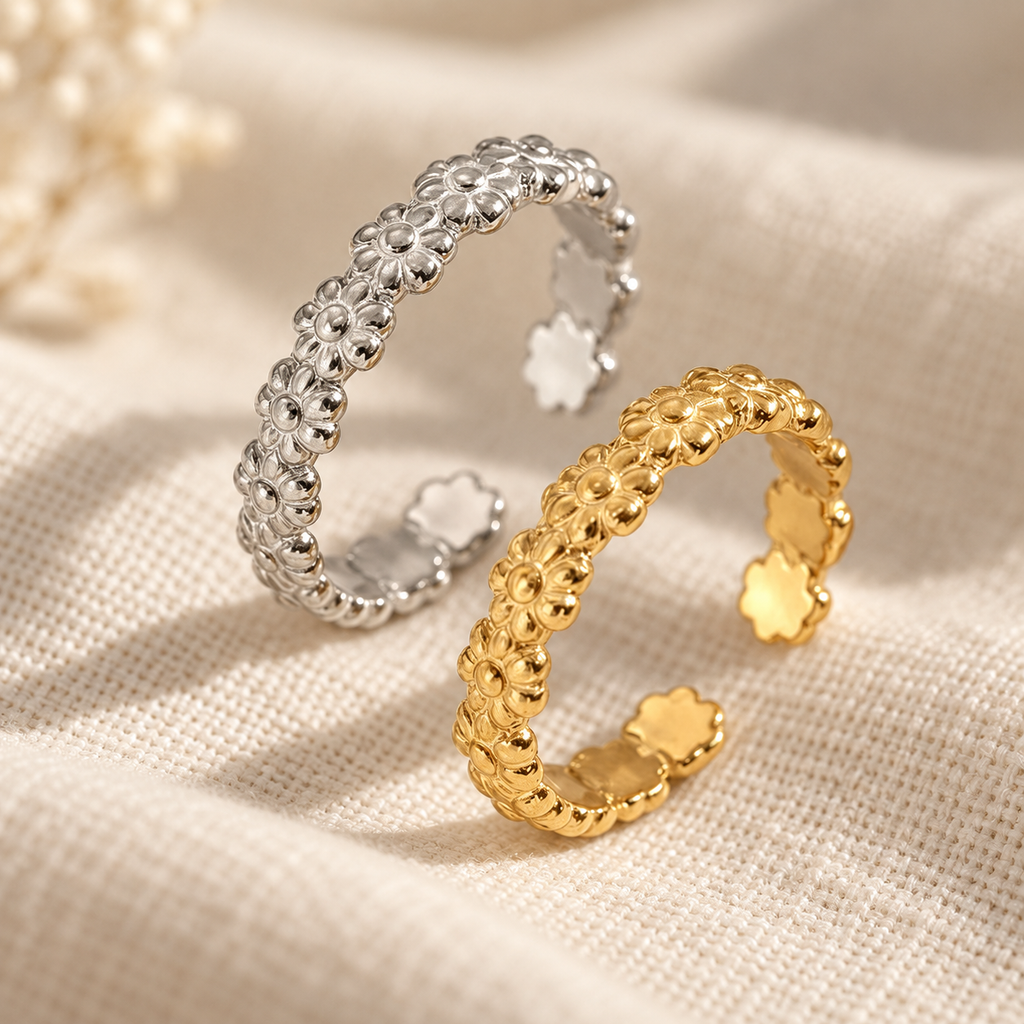 Macro detail of the floral motif on an adjustable toe ring
