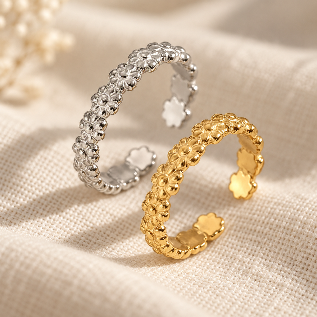 Macro detail of the floral motif on an adjustable toe ring