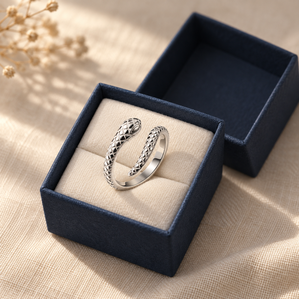 Sterling silver snake toe ring in an open navy gift box